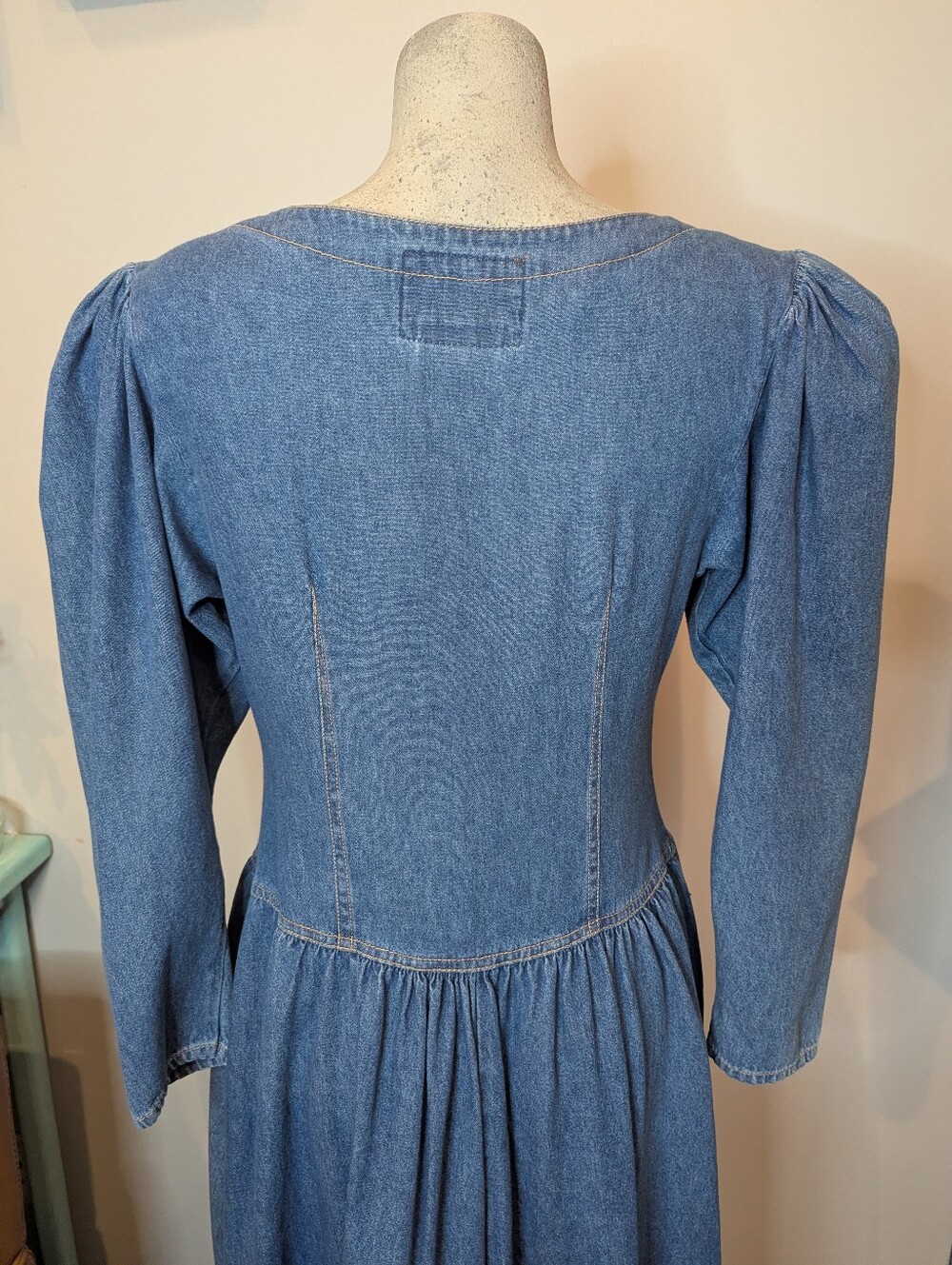 Vintage prairIe Blue Denim Chambray Modest Cottagecore Dress w/Lace Collar Sz L - Picture 3 of 13